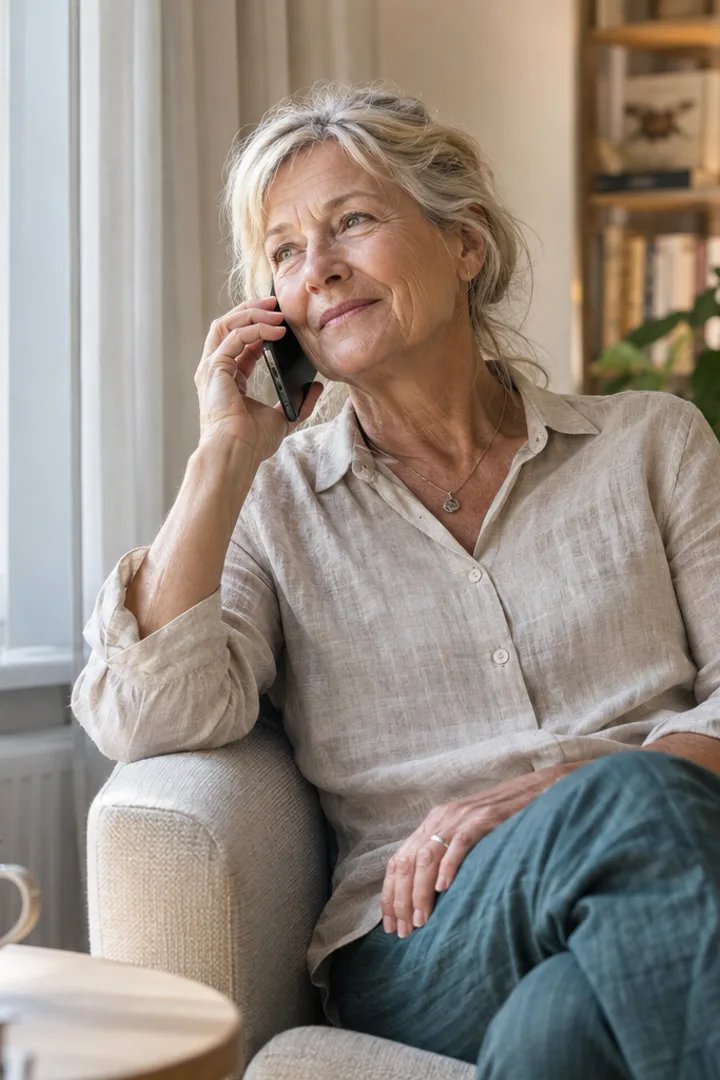 Illustration of a woman having a relaxed phone conversation at home.