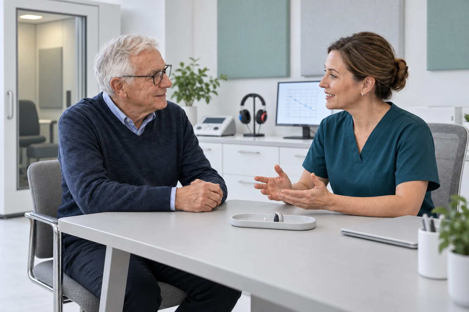 An older man speaking with a hearing-care professional in a clinic