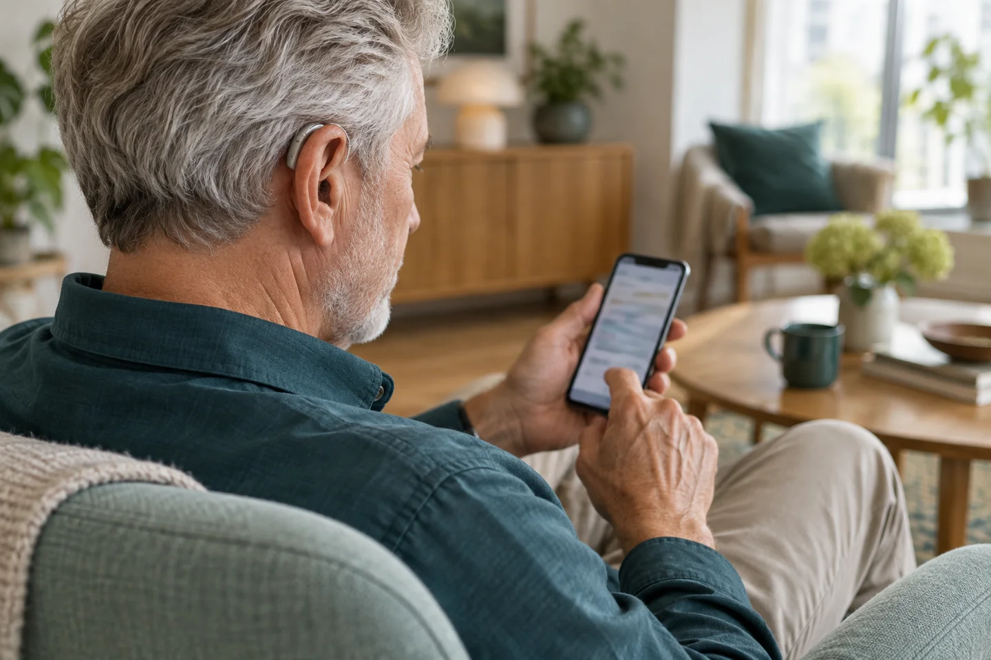 An older man wearing a hearing aid while holding a smartphone in his living room.