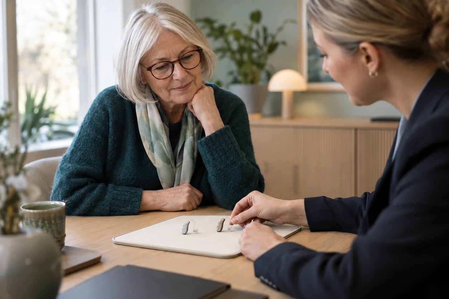 An older woman and a hearing professional comparing two small hearing aids at a table.