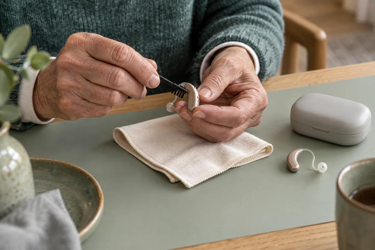 Hands carefully cleaning the outer casing of a hearing aid with a small dry brush over a soft cloth.