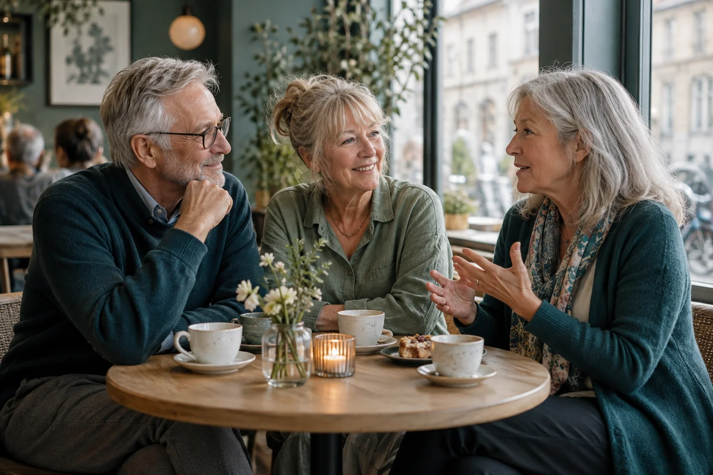 Three older friends listening to one another around a cafe table.