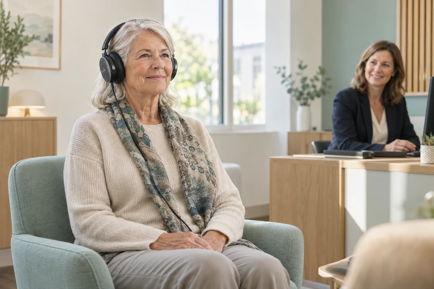 An older woman wearing headphones during a hearing appointment in a bright consultation room.