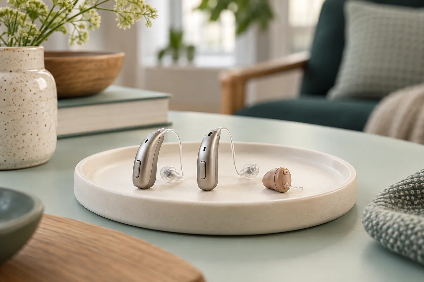 Different styles of small hearing aids arranged on an ivory tray.