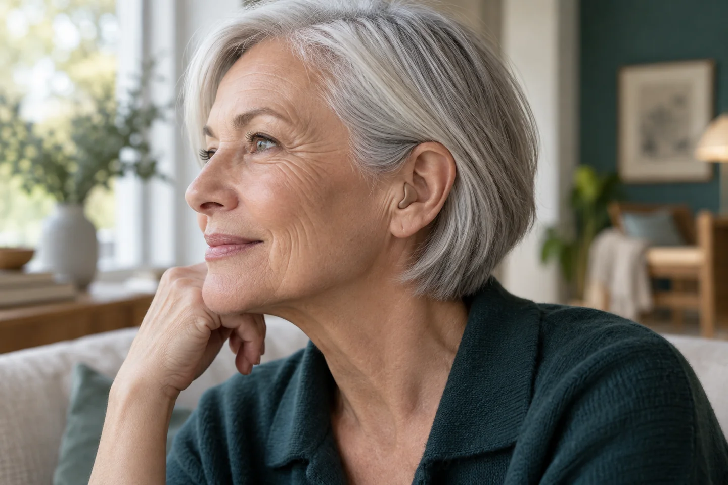 Side profile of a silver-haired woman with a small, discreet hearing aid in her ear.