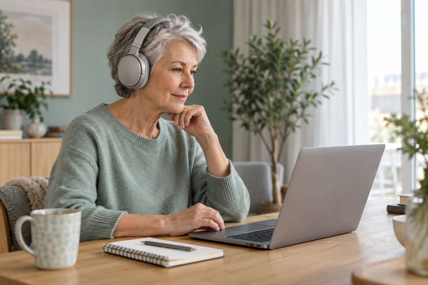 An older woman using headphones and a laptop for an online hearing check at home.