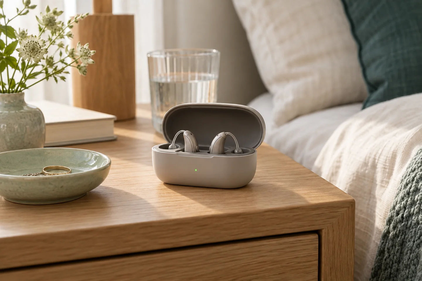 Two small hearing aids resting in an open charging case on an oak bedside table.