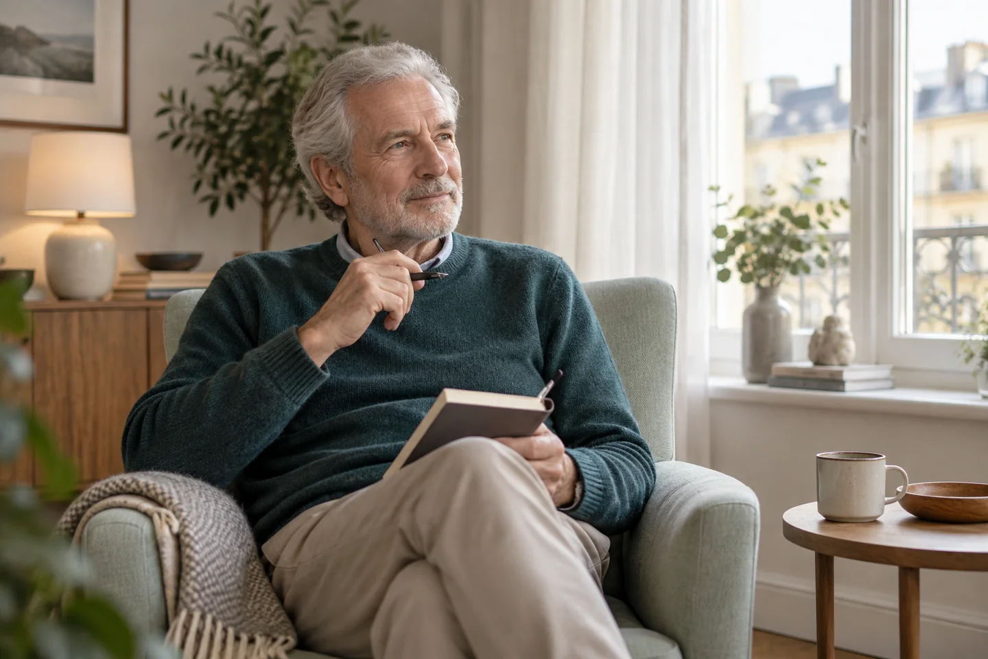 An older man sitting by a window with a notebook and pen before a conversation about hearing.