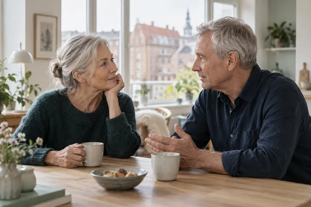 Two older adults talking over coffee in a bright Copenhagen apartment.